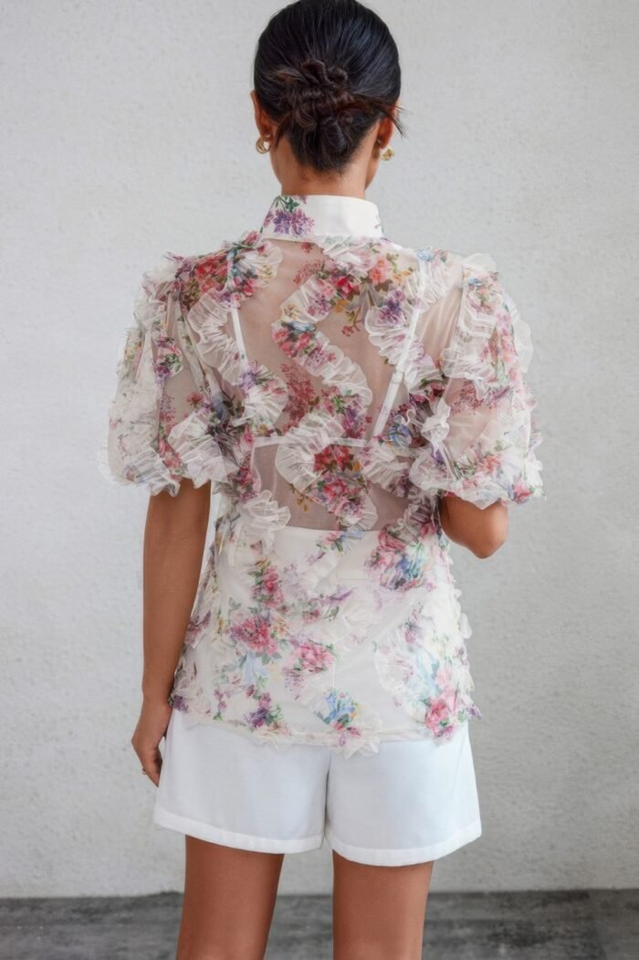 Allover print see through collar puff sleeve shirt - image 6
