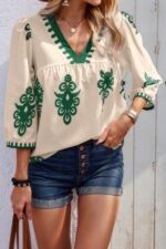 Geo Print V Neck Loose Puff Sleeves Blouse