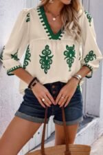 Geo Print V Neck Loose Puff Sleeves Blouse - Image 2