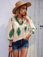 Geo Print V Neck Loose Puff Sleeves Blouse - Image 3