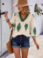 Geo Print V Neck Loose Puff Sleeves Blouse - Image 4