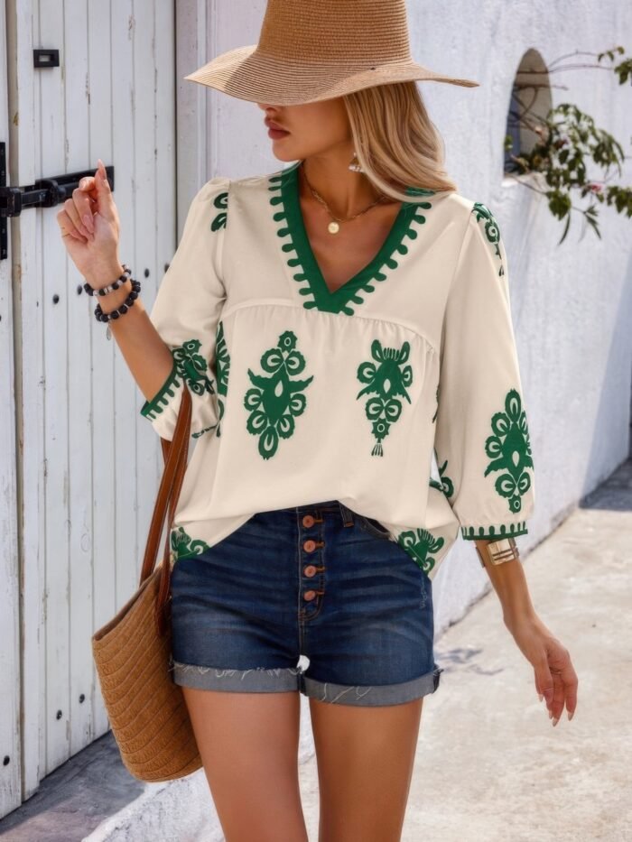 Geo print v neck loose puff sleeves blouse - image 4