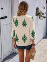 Geo Print V Neck Loose Puff Sleeves Blouse - Image 5