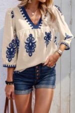 Geo Print V Neck Loose Puff Sleeves Blouse - Image 6