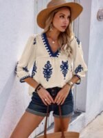 Geo Print V Neck Loose Puff Sleeves Blouse - Image 8
