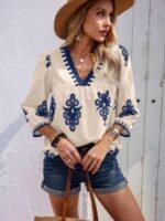 Geo Print V Neck Loose Puff Sleeves Blouse - Image 9