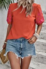 Round Neck Floral Embroidery Puff Sleeve Blouse - Image 5