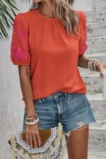 Round Neck Floral Embroidery Puff Sleeve Blouse - Image 6