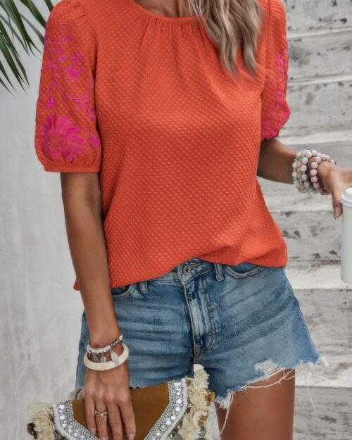 round neck floral embroidery puff sleeve blouse