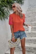 Round Neck Floral Embroidery Puff Sleeve Blouse - Image 7