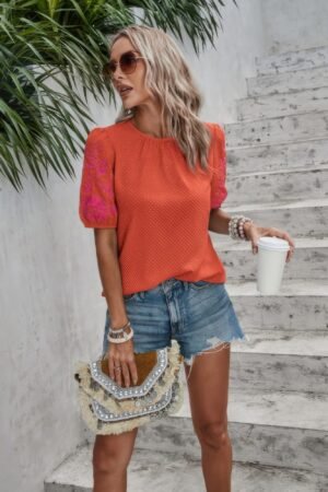 Round Neck Floral Embroidery Puff Sleeve Blouse