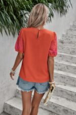 Round Neck Floral Embroidery Puff Sleeve Blouse - Image 8