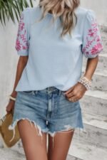 Round Neck Floral Embroidery Puff Sleeve Blouse - Image 9