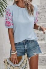Round Neck Floral Embroidery Puff Sleeve Blouse - Image 11