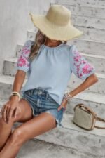 Round Neck Floral Embroidery Puff Sleeve Blouse - Image 12