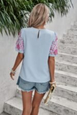 Round Neck Floral Embroidery Puff Sleeve Blouse - Image 13