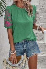Round Neck Floral Embroidery Puff Sleeve Blouse - Image 14