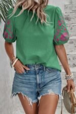 Round Neck Floral Embroidery Puff Sleeve Blouse - Image 15
