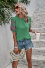 Round Neck Floral Embroidery Puff Sleeve Blouse - Image 16