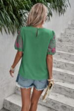 Round Neck Floral Embroidery Puff Sleeve Blouse - Image 17