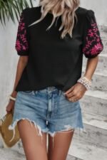 Round Neck Floral Embroidery Puff Sleeve Blouse - Image 19