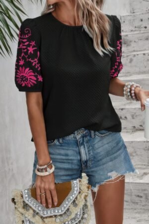 Round Neck Floral Embroidery Puff Sleeve Blouse