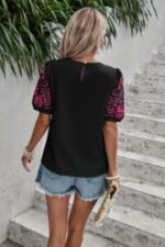 Round Neck Floral Embroidery Puff Sleeve Blouse - Image 22