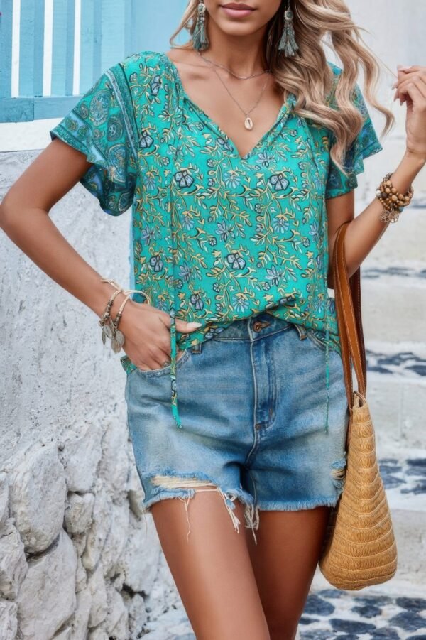 Boho Floral Print V Neck Patchwork Short Sleeve Top