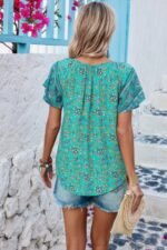 Boho Floral Print V Neck Patchwork Short Sleeve Top - Image 4