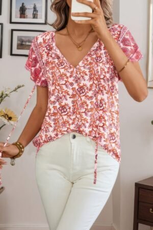 Boho Floral Print V Neck Patchwork Short Sleeve Top