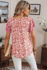 Boho Floral Print V Neck Patchwork Short Sleeve Top - Image 7