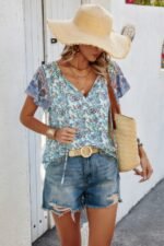 Boho Floral Print V Neck Patchwork Short Sleeve Top - Image 10