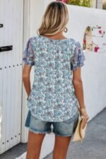 Boho Floral Print V Neck Patchwork Short Sleeve Top - Image 11