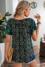 Boho Floral Print V Neck Patchwork Short Sleeve Top - Image 13