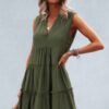 Solid V Neck Flat Collar Tiered Shift Dress