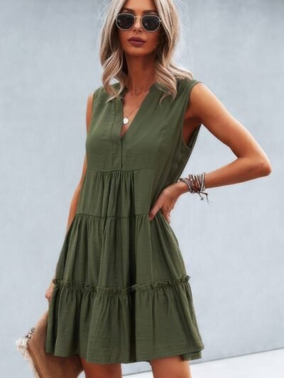 Solid V Neck Flat Collar Tiered Shift Dress