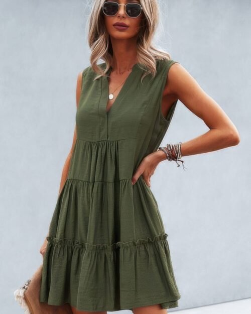 Solid V Neck Flat Collar Tiered Shift Dress