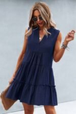 Solid V Neck Flat Collar Tiered Shift Dress - Image 3