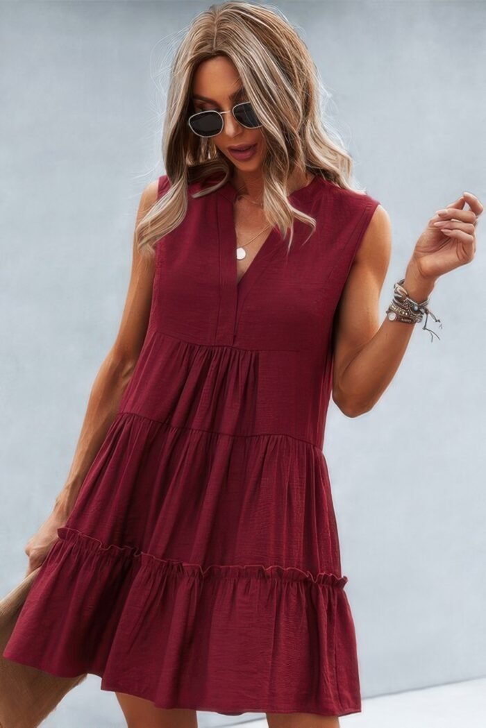 Solid v neck flat collar tiered shift dress - image 5