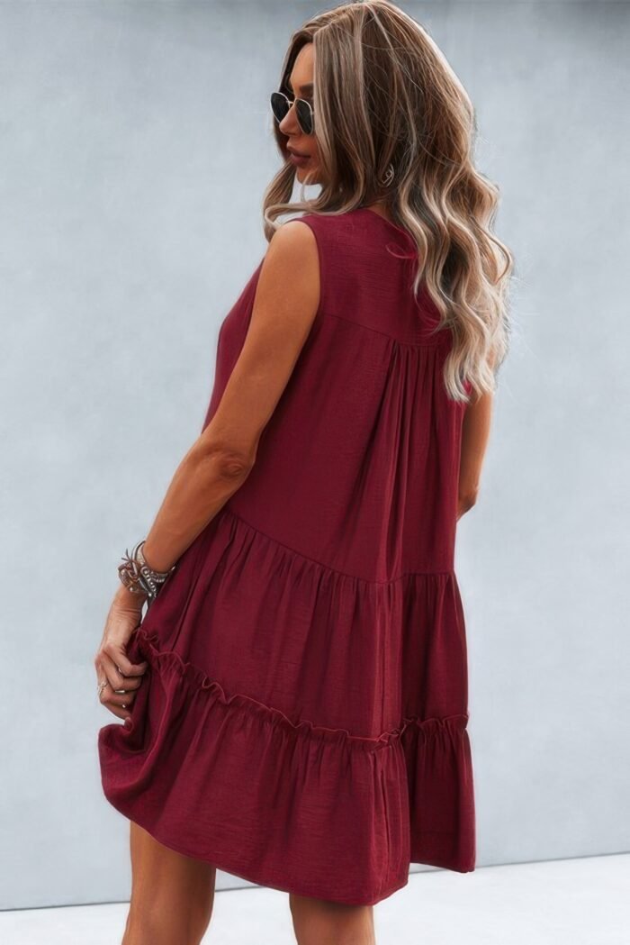 Solid v neck flat collar tiered shift dress - image 6