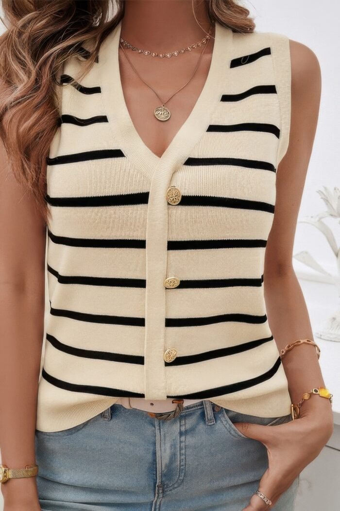 Strip deep v neck knit button trim sleeveless vest - image 5