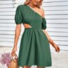 One Shoulder Puff Sleeve Fit Flare Short Dress