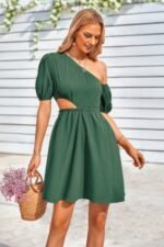 One Shoulder Puff Sleeve Fit Flare Short Dress