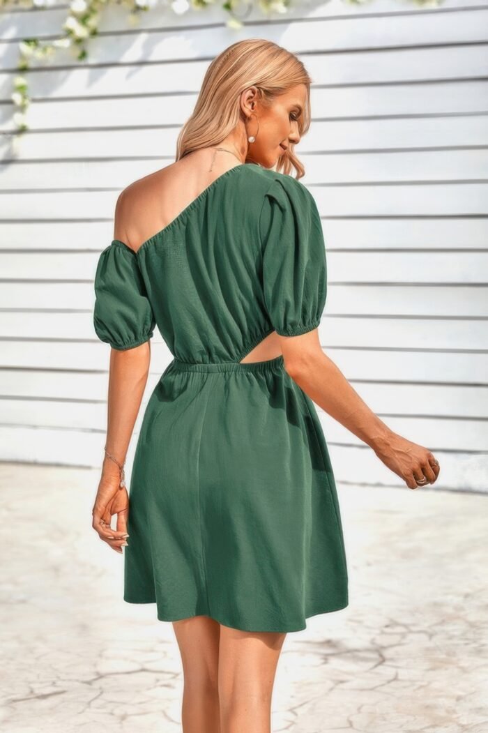 One shoulder puff sleeve fit flare short dress - image 2