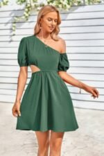 One Shoulder Puff Sleeve Fit Flare Short Dress - Image 3