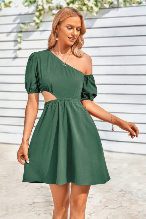 One Shoulder Puff Sleeve Fit Flare Short Dress - Image 3