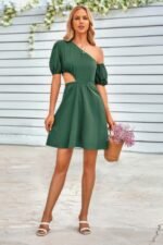 One Shoulder Puff Sleeve Fit Flare Short Dress - Image 4