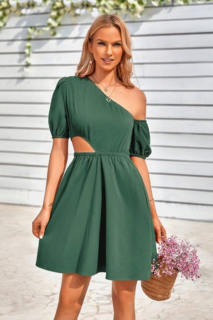 One shoulder puff sleeve fit flare short dress - image 5