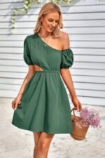 One Shoulder Puff Sleeve Fit Flare Short Dress - Image 6