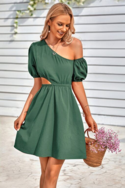One Shoulder Puff Sleeve Fit Flare Short Dress - Image 6